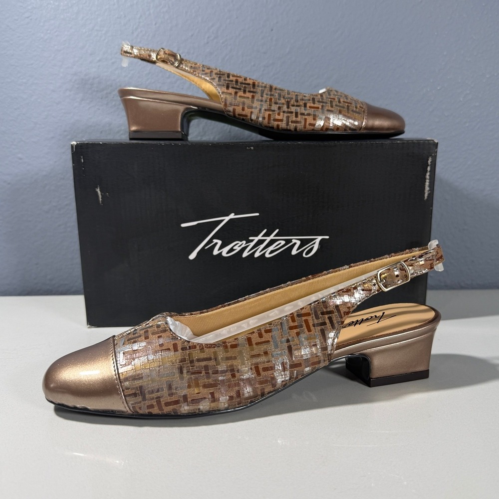 Trotters Dea Bronze Metallic Slingback Block Heel‎ Pumps Leather Womens Size 6 N